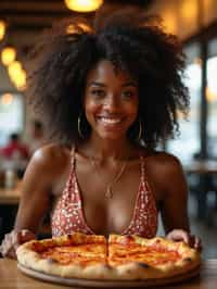 woman sitting in a restaurant eating a large pizza