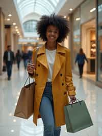 woman walking in a shopping mall, holding shopping bags. shops in background