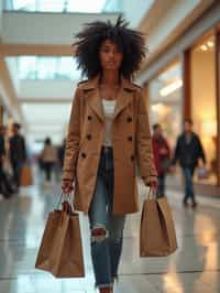 woman walking in a shopping mall, holding shopping bags. shops in background