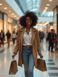 woman walking in a shopping mall, holding shopping bags. shops in background