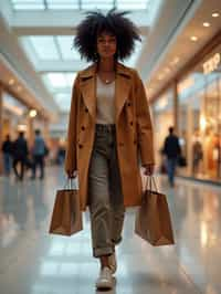 woman walking in a shopping mall, holding shopping bags. shops in background