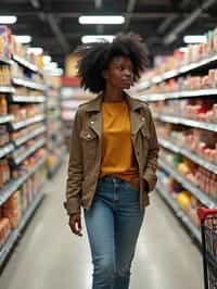 woman in Supermarket walking with Shopping Cart in the Supermarket Aisle. Background of Supermarket