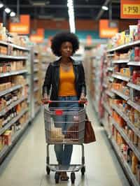 woman in Supermarket walking with Shopping Cart in the Supermarket Aisle. Background of Supermarket