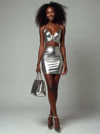 woman in silver metallic style, wearing  metallic shiny mini skirt, metallic shiny crop top, metallic shiny purse, metallic heels