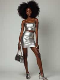 woman in silver metallic style, wearing  metallic shiny mini skirt, metallic shiny crop top, metallic shiny purse, metallic heels