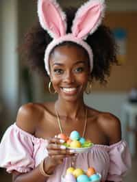 woman dressed up for Easter with Easter Bunny Ears at the Easter Breakfast. Easter Eggs. Easter Bunny