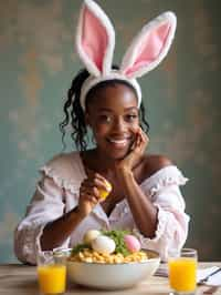 woman dressed up for Easter with Easter Bunny Ears at the Easter Breakfast. Easter Eggs. Easter Bunny