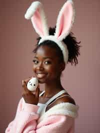 woman dressed up for Easter with Easter Bunny Ears at the Easter Breakfast. Easter Eggs. Easter Bunny