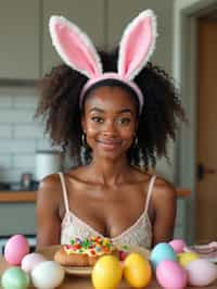 woman dressed up for Easter with Easter Bunny Ears at the Easter Breakfast. Easter Eggs. Easter Bunny