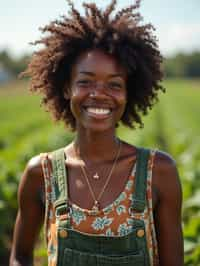 woman farmer with farm in background