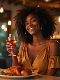 woman celebrating Thanksgiving with cocktail and turkey meat in background