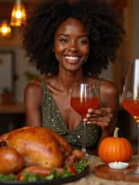 woman celebrating Thanksgiving with cocktail and turkey meat in background