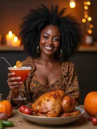 woman celebrating Thanksgiving with cocktail and turkey meat in background