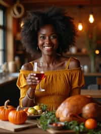 woman celebrating Thanksgiving with cocktail and turkey meat in background