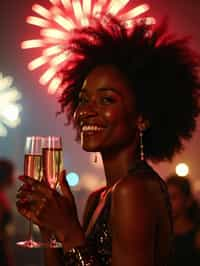 woman celebrating New Year's Eve with champagne and Fireworks in background