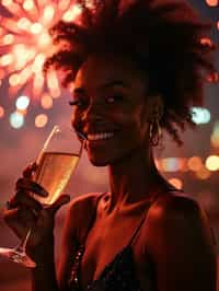 woman celebrating New Year's Eve with champagne and Fireworks in background