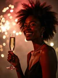 woman celebrating New Year's Eve with champagne and Fireworks in background