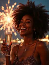 woman celebrating New Year's Eve with champagne and Fireworks in background