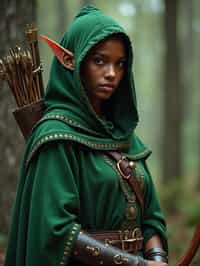 woman as a Medieval Elf Archer Warrior in Green Robe