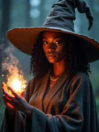 woman as a Wizard with a Wizard robe and big hat, crystal magic, dramatic light