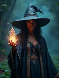 woman as a Wizard with a Wizard robe and big hat, crystal magic, dramatic light