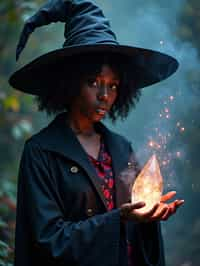 woman as a Wizard with a Wizard robe and big hat, crystal magic, dramatic light