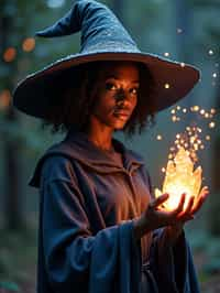 woman as a Wizard with a Wizard robe and big hat, crystal magic, dramatic light