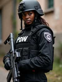 woman as a SWAT Officer. wearing black swat vest, swat helmet, holding pdw