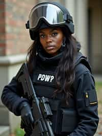 woman as a SWAT Officer. wearing black swat vest, swat helmet, holding pdw