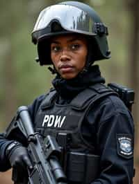 woman as a SWAT Officer. wearing black swat vest, swat helmet, holding pdw