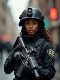 woman as a SWAT Officer. wearing black swat vest, swat helmet, holding pdw