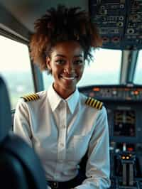 woman as a Airline Pilot inside the Cockpit with white shirt Pilot Uniform