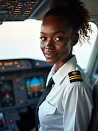 woman as a Airline Pilot inside the Cockpit with white shirt Pilot Uniform