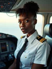 woman as a Airline Pilot inside the Cockpit with white shirt Pilot Uniform