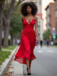 woman in red  dress showing cleavage walking on the curb in black  high heels