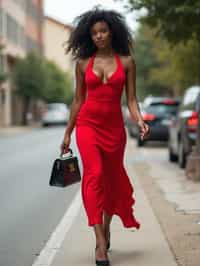 woman in red  dress showing cleavage walking on the curb in black  high heels