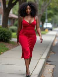 woman in red  dress showing cleavage walking on the curb in black  high heels