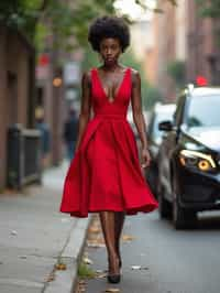 woman in red  dress showing cleavage walking on the curb in black  high heels