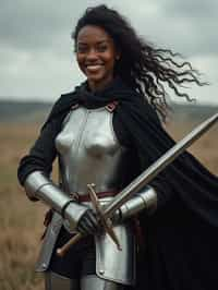 happy woman as a Medieval Knight in silver armor, wearing a black elegant cape flowing in the wind, the knight holds a sword in one hand