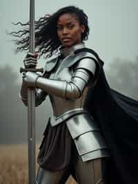 happy woman as a Medieval Knight in silver armor, wearing a black elegant cape flowing in the wind, the knight holds a sword in one hand