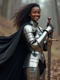 happy woman as a Medieval Knight in silver armor, wearing a black elegant cape flowing in the wind, the knight holds a sword in one hand