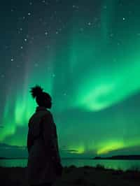 woman at night at the Northern Lights Aurora Borealis