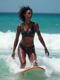 woman as a Professional Surfer wearing swimwear on a Surf Board surfing in the ocean