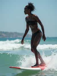 woman as a Professional Surfer wearing swimwear on a Surf Board surfing in the ocean