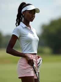 woman as a Golfer on the Golf Course holding Golf Club wearing golf shorts or golf skirt, a collared shirt, golf pants