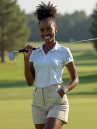 woman as a Golfer on the Golf Course holding Golf Club wearing golf shorts or golf skirt, a collared shirt, golf pants