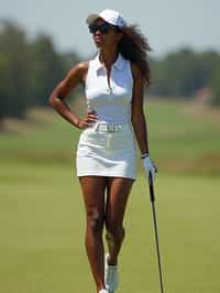 woman as a Golfer on the Golf Course holding Golf Club wearing golf shorts or golf skirt, a collared shirt, golf pants