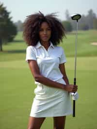 woman as a Golfer on the Golf Course holding Golf Club wearing golf shorts or golf skirt, a collared shirt, golf pants