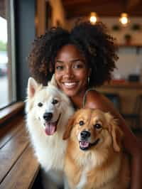 woman in a Dog Cafe with many cute Samoyed and Golden Retriever dogs