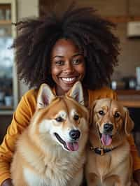 woman in a Dog Cafe with many cute Samoyed and Golden Retriever dogs